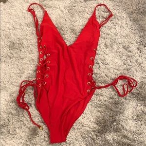Blue life one piece red bathing suit